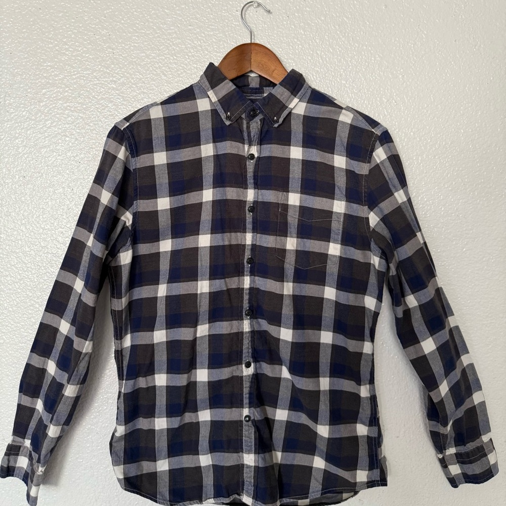 Banana Republic luxe  Navy and White Gray Checkered Shirt mens size M slim fit